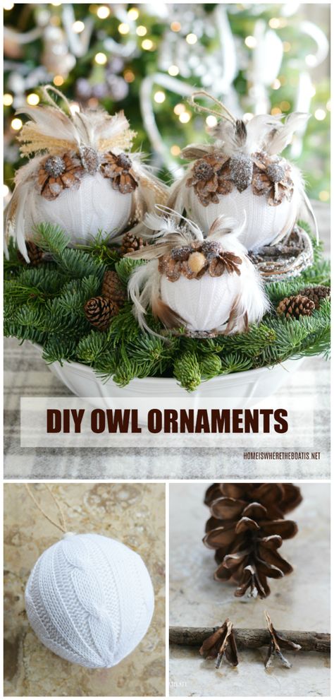 Diy Bird Ornaments Christmas, Woodland Christmas Ornaments Diy, Owl Ornaments To Make, Diy Woodland Ornaments, Feather Ornaments Diy, Woodland Ornaments Diy, Diy Woodland Christmas Ornaments, Fall Ornaments Diy, Styrofoam Ball Crafts Christmas