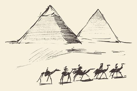 Pyramids in Cairo (Egypt) Egypt Sketch Drawings, Pyramids Egypt Drawing Egyptian Art, Pyramids Drawing, Egypt Sketch, Art Mindmap, History Doodles, Pyramid Drawing, Egypt Illustration, Pyramid Art