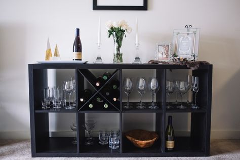 IKEA KALLAX storage unit turned into wine rack Wine Rack Projects, Ikea Bar, Custom Wine Rack, Ikea Kallax Shelf, Wine Rack Design, Ikea Kallax Hack, Diy Tv Stand, Diy Ikea Hacks, Diy Ikea