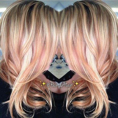 Rose Gold Blonde, Rose Gold Highlights, Balayage Blond, Gold Blonde, Gold Highlights, Rose Gold Hair, Long Blonde, Hair Color And Cut, Hair Painting