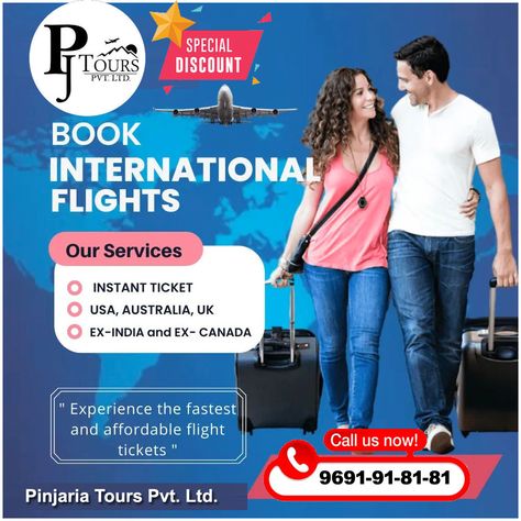 Huge Discount Available on Domestic & International tickets at Pinjaria Tours Pvt. Ltd. Our company provide flight booking facility for domestic and international air travel. Contact us today at Pinjaria Tours Pvt. Ltd. *24/7 BEST SERVICES SINCE 2003 | Phone: 9691-91-81-81 #CheapFlightBooking #CheapestAirTickets #PinjariaTours #GAYATRITOURSSINCE2003 Air Ticket Booking, International Flight, Travel Agencies, Flight Booking, Flight Tickets, International Flights, Air Tickets, Flight Ticket, Air Travel