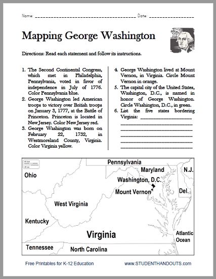 George Washington Map Worksheet - Free to print (PDF file) for grades 4-6. #socialstudies George Washington Activities, Map Skills Worksheets, History Lessons For Kids, Assignment Ideas, Third Grade Social Studies, Teaching American History, 3rd Grade Social Studies, Geography Worksheets, Teacher Motivation