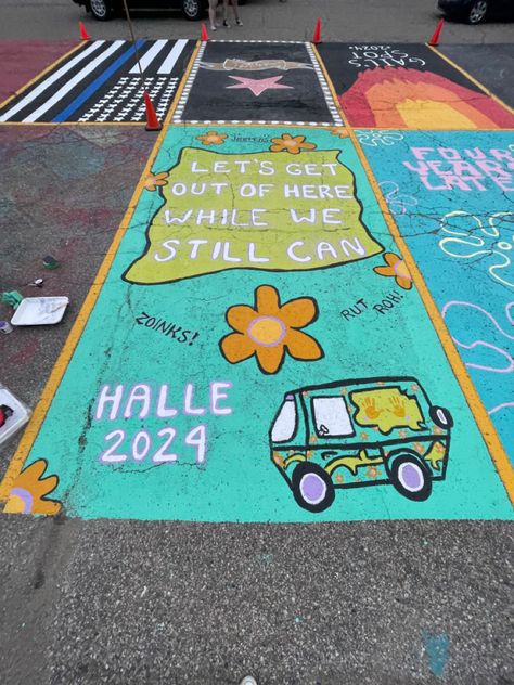 Senior Tiles High Schools, Scooby Doo Senior Parking Spot, Scooby Doo Parking Spot, Parking Spot Ideas High School, Matching Parking Spots, Hippie Parking Spot Painting, Scooby Doo Graduation Cap, Painting Parking Spots, Simple Parking Spot Painting