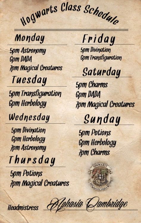 I promise this is the final schedule, all classes are on this. Thank you so much for waiting this long Hogwarts Schedule, Hogwarts Subjects, Harry Potter Spells List, Harry Potter Script, Harry Potter Classes, Harry Potter Letter, Shifting Visuals, Harry Potter Props, Harry Potter School