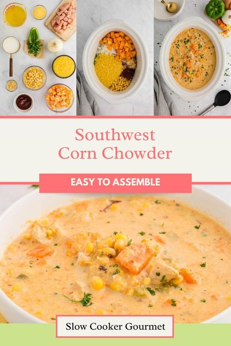 Add a southwestern twist to your traditional chowder recipes! Sweet potatoes, corn, and chipotle peppers create the most amazing combination of flavors in the slow cooker with a little extra kick. Southwest Corn Chowder is an easy, satisfying main meal for any season. Southwest Corn Chowder, Chipotle Corn Chowder, Southwest Corn, Potato Chowder, Recipe Using Chicken, Chipotle Peppers, Corn Chowder Recipe, Fall Soup Recipes, Recipes Sweet