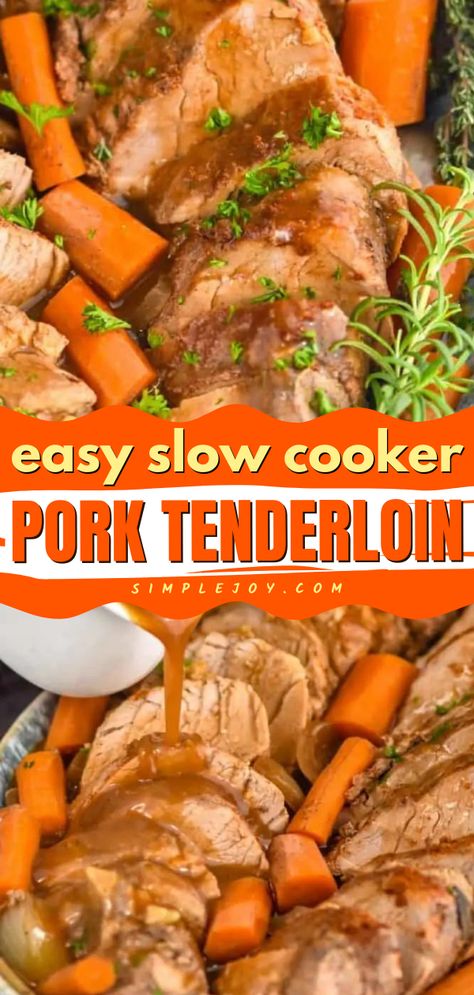 Learn how to cook Pork Tenderloin in the crock pot! This main dish is so easy. Thanks to a flavorful sauce, this slow cooker pork tenderloin recipe is a simple Easter dinner everyone will love. Save this Easter menu idea! Healthy Slow Cooker Pork Tenderloin, Pork Loin And Veggies Crock Pot, Low Carb Pork Tenderloin Recipes Crock Pot, How To Cook Pork Tenderloin In Crock Pot, Best Pork Tenderloin Recipe Crock Pots, Pork Tenderloin Slow Cooker Recipes, Pork Tenderloin Recipes In Crockpot Crock Pots, Pork Tenderloin Recipes In Crockpot Slow Cooker, Crockpot Meals For Diabetics