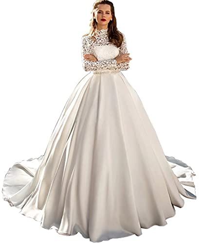 Yuxin High Neck Long Sleeves Wedding Dresses for Bride 2024 Lace Ball Gown Wedding Gowns Bridal Dresses with Train Yx034 White Queen Costume, High Neck Long Sleeve Wedding Dress, Dresses With Train, Dresses For Bride, Sleeves Wedding Dresses, High Neck Wedding Dress, Wedding Church, Fancy Wedding Dresses, Bridal Ball Gown