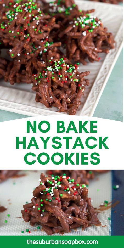 Easy NO BAKE Haystack Cookies are made with chocolate chips, butterscotch and chow mein noodles. Simple to make in just a few minutes, chow mein cookies make a great, quick last minute treat. No Bake Haystack Cookies, Chow Mein Noodle Cookies, Haystack Cookies, Haystacks Recipe, Potato Candy, Homemade Cookie, Christmas Cookies Easy, Holiday Snacks, Christmas Cakes