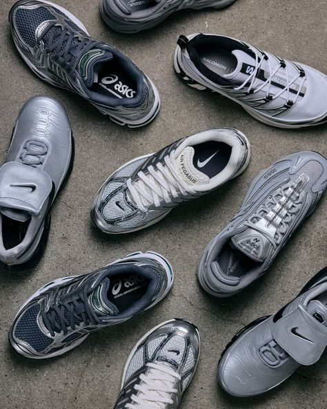 These sneakers in sleek silver and versatile grey are sure to turn heads 🩶 Shop the good looks from ASICS, New Balance, Salomon, and Nike online and in-store now. Clarks Wallabees, Dunks Nike, Head Shop, Adidas Campus, Nike Shox, Asics Shoes, Grey Sneakers, Sporty And Rich, Nike Acg