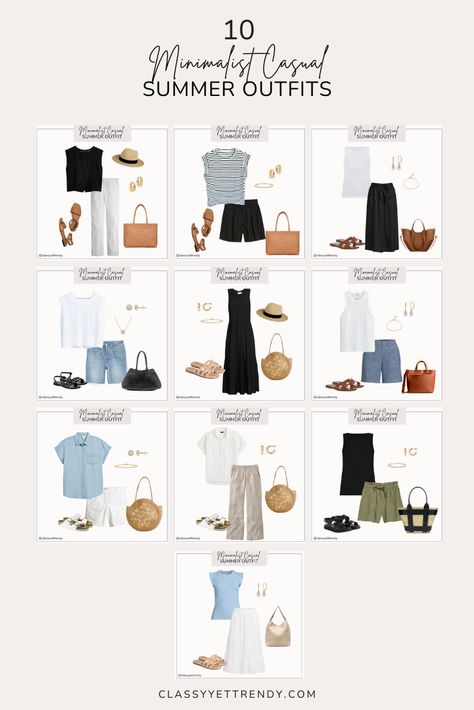 10 Minimalist Casual Summer Outfits For Warm Weather Climates - Classy Yet Trendy Summer Road Trip Outfit, Outfits For Hot Weather, Minimalist Summer Outfits, Outfits For Warm Weather, Clothes Basics, Maternity Capsule Wardrobe, Reinventing Yourself, Capsule Wardrobe Women, Spring Summer Capsule Wardrobe