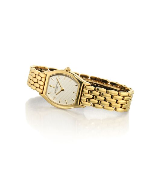 VACHERON CONSTANTIN. A LADY'S 18K GOLD TONNEAU-SHAPED WRISTWATCH WITH BRACELET | SIGNED VACHERON CONSTANTIN, GENEVE, MOVEMENT NO. 834'970, CASE NO. 653'504, CIRCA 2000 | 2000s, mechanical | Christie's Antique Gold Watch For Evening, Vacheron Constantin Overseas Women, Vacheron Constantin Women, Vacheron Constantin Patrimony, Vacheron Constantin Watches, La Outfit, Vacheron Constantin American 1921, Everyday Watch, Watches Luxury