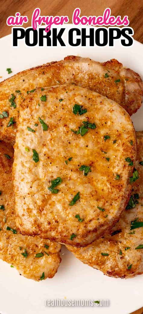 Tender, juicy, and oh so easy! Air Fryer Boneless Pork Chops are a savory, scrumptious, super easy weeknight dinner the whole family loves! #Realhousemoms #airfryer #boneless #porkchops #savory #easyrecipe #weekightdinner #familylove #summerrecipe #maindish Air Fryer Pork Chops Boneless, Air Fryer Recipes Pork Chops, Air Fryer Boneless Pork Chops, Baked Boneless Pork Chop Recipes, Pork Loin Chops Recipes, Baked Boneless Pork Chops, Air Fry Pork Chops, Cooking Boneless Pork Chops, Boneless Pork Loin Chops