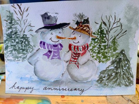 Snowmen Drawings, Slate Painting, Watercolor Snowman, Snowman Couple, Couple Painting, Watercolor Christmas Cards, Watercolor Christmas, Cute Snowman, Christmas Watercolor