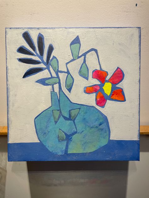 Wall art acrylic painting by Canadian Artist Yvonne Nangle Art Creations. An abstract floral painting of a blue vase with one colourful red flower Negative Space Painting Acrylic, Space Painting Acrylic, Trevor Mikula, Bold Botanicals, Beautiful Acrylic Painting, Collage Flowers, Floral Quilts, Cactus Paintings, Negative Painting