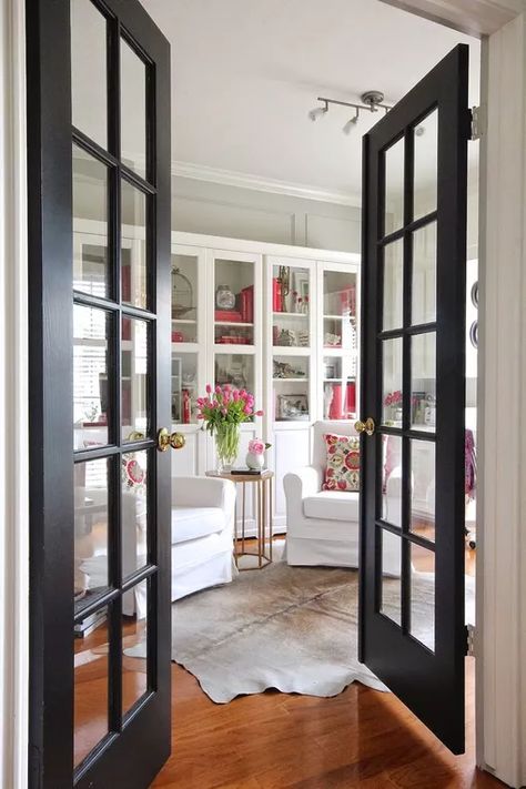 Hallway House, Black French Doors, Pintu Interior, Comfy Space, Black Interior Doors, Renovation Diy, Office Hallway, Glass French Doors, Glass Interior