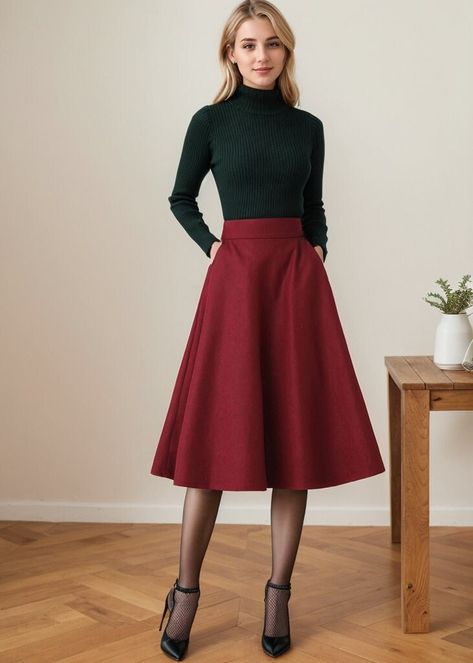 So classic wine red wool skirt mostly makes you look feminine, suggest to wear with solid winter blouse or coat, warm and comfortable. ★★ FEATURES * 25% wool, other fiber, nylon * Polyester lining * Two side pockets * Right zipper closure * back little elastic waist skirt * A Line wool Skirt * Midi wool sirt * Perfect for Winter, autumn * Dry clean ★★ The model is 170 cm (5′ 7″) tall with a 80 cm (31.5") bust, 66 cm (26") waist. She is wearing the burgundy wool skirt in size XS. ★★Bespoke Order Service If you Request other color Request the length Your height is not between 155 cm- 175 cm Your weight is not between 47 kg -77 kg I can do it for you, It will need some extra fee depending on on your need. Contact with me for more detail. ★★ Warmly Note: 1 ) : Please confirm your shipping addr Skirt With Ankle Boots, Burgundy Skirt Outfit, Berry Outfit, Boots And Skirt, Midi Wool Skirt, Midi A Line Skirt, Winter Blouse, Custom Skirt, Rok Midi