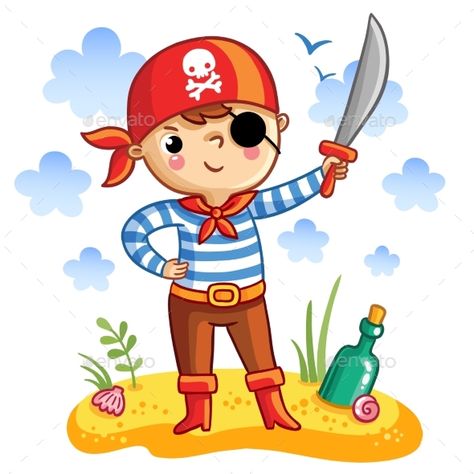 Vector illustration of a cute cartoon pirate on a sandy island with a bottle. Cartoon Pirate, Pirates Illustration, Pirate Cartoon, Pirate Boy, Pirate Kids, Human Logo, Cartoon Sketches, History Projects, Kids Clipart