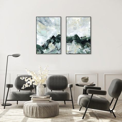 Three Canvas Painting, Emily Wood, White Abstract Painting, Timber Mouldings, Black And White Frames, Online Wall Art, Green Mountain, Landscape Walls, Art Print Set