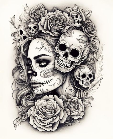 Dia De Los Muertos Tattoo Ideas Woman, Tatoos Design, Skull Drawings, Roses Vector, Catrina Tattoo, Butterfly Tattoos For Women, Chicano Tattoos, Words Coloring Book, Skulls Drawing