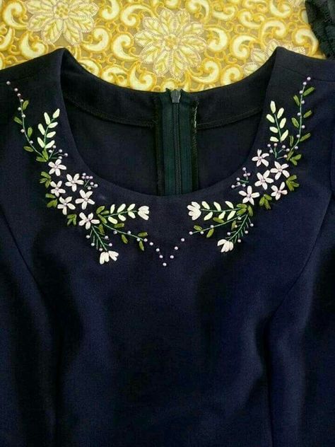 Ribbon Embroidery On Blouse, Embroidery Design For Blouse Simple, Kurti Embroidery Design Hand Work, Ribbon Embroidery Dress, Sulaman Pita, Neckline Embroidery, Clothes Embroidery Diy, Simple Hand Embroidery Patterns, Hand Embroidery Dress