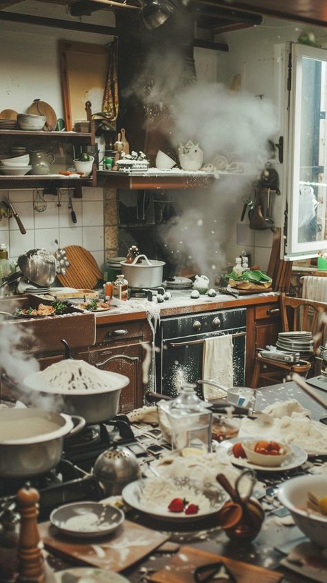 Chaotic #Kitchen Mess: A bustling and #messy home #kitchen filled with #smoke, scattered utensils, and unfinished meals. #chaos #cooking #aiart #aiphoto #stockcake ⬇️ Download and 📝 Prompt 👉 https://stockcake.com/i/chaotic-kitchen-mess_979639_817836 Messy Cooking Aesthetic, Aesthetic Cooking Photos, Cooking In Kitchen Aesthetic, Messy Kitchen Aesthetic, Chaotic Good Aesthetic, Christmas Living Room Wallpaper, Home Baking Aesthetic, Home Cooking Aesthetic, Chaotic Kitchen