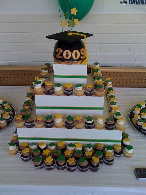 Graduation…cake stand made with decorative boxes. High School Graduation Cupcakes, Graduation Cupcake Cake, Usf Graduation, Graduation Cupcake Stand, Kindergarden Graduation, Grad Cakes, Dessert Tower, Graduation Food, Graduation Desserts