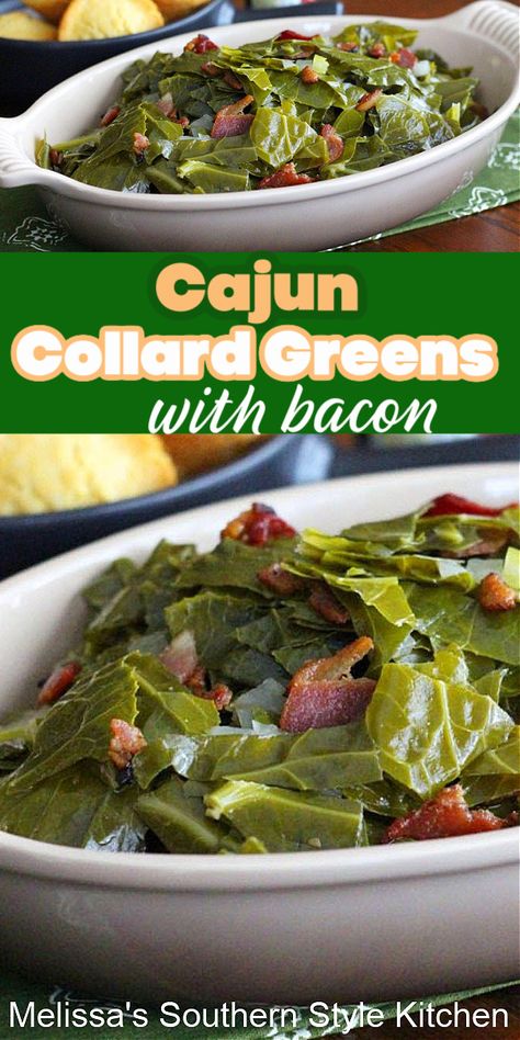 Enjoy these Cajun Collard Greens with Bacon for a kickin' side dish for dinner #collardgreens #Cajungreens #greens #southernfood #sidedishrecipes #newyearsday #comfortfood #bacon #southernrecipes Cajun Collard Greens, Cajun Greens, Greens With Bacon, Greens Recipe Soul Food, Side Veggies, Collard Greens With Bacon, Collard Greens Recipe, Southern Comfort Food, Seasonal Eating