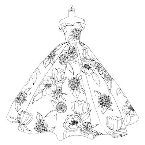 Gown Illustration Sketch, Fashion Outfits Coloring Pages, Fashion Coloring Pages Dresses, Coloring Fashion Sketches, Flower Dress Illustration, Dress Coloring Pages Fashion Designers, Flower Dress Drawing Fashion Design, Fashion Colouring Pages, Flower Dress Design Drawing