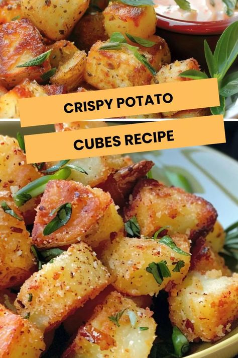 Crispy potato cubes: Tender inside, crunchy outside. Perfectly seasoned with herbs & garlic, a delightful side dish or snack. Baked Potato Cubes, Crispy Potato Bites, Healthy Low Calorie Dinner, Potato Cubes, Deep Fried Potatoes, Salted Potatoes, Potatoes In Oven, Frozen Potatoes, Seasoned Potatoes