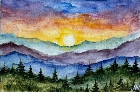 ACEO Original watercolor painting Blue Ridge Art Smoky Mountains Painting | eBay Simple Mountain Landscape Painting, Pastel Mountains Art, Landscape Paintings Simple, Sketch Photography, Wall Art Mountains, Felting Inspiration, Mountains Painting, Easy Landscape Paintings, Art Mountains