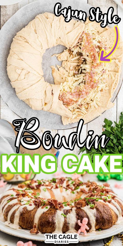 Boudin King Cake, Crescent Roll Pastry, Boudin Recipe, Mardi Gras Desserts, Boudin Sausage, King Cake Recipe, Classic Southern Recipes, Croissant Dough, Sausage Stuffing