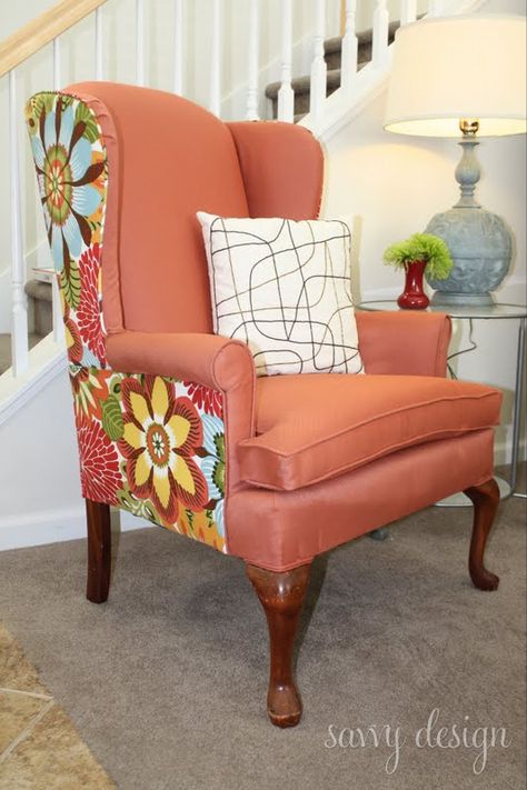 Savvy Design wing back chairWhen I do get started on this chair, however, I am probably going to do something with a solid back and a patterned front, or vice versa. I LOVE that! Here’s a great look from Savvy Design blog that I will be going for Upholstery Ideas, Orange Chair, Reupholster Chair, Reupholster Furniture, Stair Case, Fabric Diy, Funky Furniture, Chair Upholstery, Wing Chair