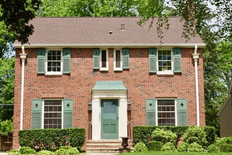 Shutters On Red Brick House, Brown Shutters, Traditional Shutters, Shutter Decor, Green Shutters, Louvered Shutters, Red Brick House, Brick Exterior House, Shutter Doors