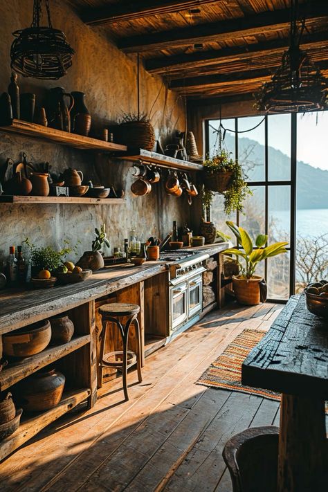 Bohemian Kitchen Cabinets, Rustic Open Kitchen, Earthship Kitchen, Boho Kitchen Ideas Bohemian Style, Rustic Italian Kitchen, Open Kitchen Cabinet, Wabi Sabi Kitchen, Wabi Sabi House, Bohemian Style Kitchen