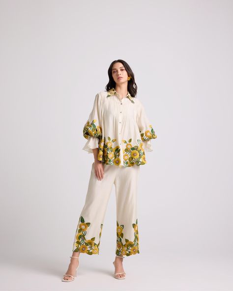 IVORY SUNFLOWER SHIRT Designer Cord Set For Women, Sunflower Pants, Embroidery Sunflower, Plus Size Wide Leg Pants, Coord Set, Sunflower Shirt, International Style, Summer 24, Border Print