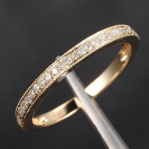 Pave Diamond Wedding Band Half Eternity Anniversary Ring 14K Yellow Gold - Milgrain - Lord of Gem Rings - 1 Gem Rings, Pave Diamond Wedding Bands, Cool Wedding Rings, Gold Diamond Band, Yellow Gold Wedding Band, Half Eternity Band, Wedding Rings Unique, Eternity Ring Diamond, Diamond Rings Bands