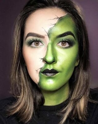 Hag Makeup, Green Hag, Simple Witch Makeup, Pretty Witch Makeup, Witch Makeup Ideas, Illusion Makeup, Green Face Paint, Witchy Makeup, Makeup Ideas For Halloween