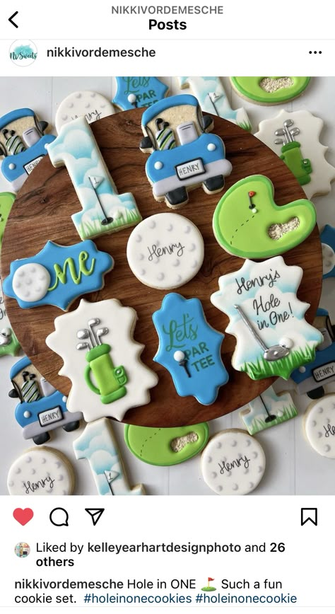 Golf Cookies Decorated 1st Birthday, Hole In One Birthday Cookies, Hole In One First Birthday Cookies, Hole In One Cookies, Hole In One First Birthday Cake, Hole In One First Birthday, Golf Cookies, Golf First Birthday, Sports Cookies