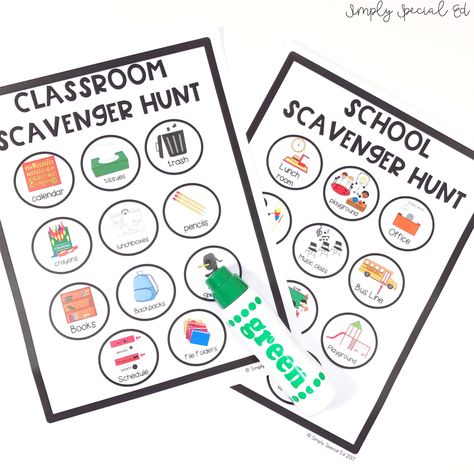 Classroom and School Scavenger hunts with visuals for special education classroom Easy Art Drawings, Classroom Scavenger Hunt, School Scavenger Hunt, Preschool First Day, First Day Jitters, Sped Classroom, Back To School Special, School Lesson Plans, First Day Of School Activities