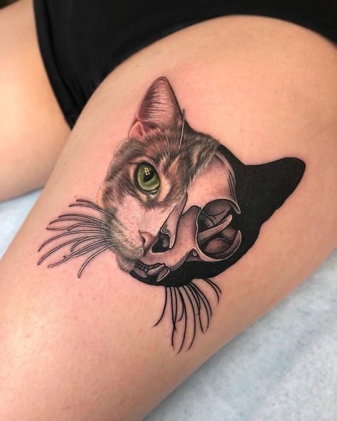 ✨Half realism, half illustrative✨ I love tattooing multi styled tattoos and would love to do more!… Inside Out Tattoo, Half Skull Tattoo, Half Skull, Cat Skull, Animal Tattoos, Cat Tattoo, Color Tattoo, Ink Art, Cute Tattoos