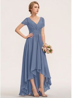 A-Line V-neck Asymmetrical Chiffon Lace Evening Dress With Ruffle (017237015) - JJ's House Lace Chiffon Bridesmaid Dress, Lace Bridesmaid Dress, Saree Blouse Patterns, Lace Bridesmaids, Designer Saree Blouse Patterns, Chiffon Evening Dresses, Lace Chiffon, Lace Bridesmaid Dresses, Maid Dress