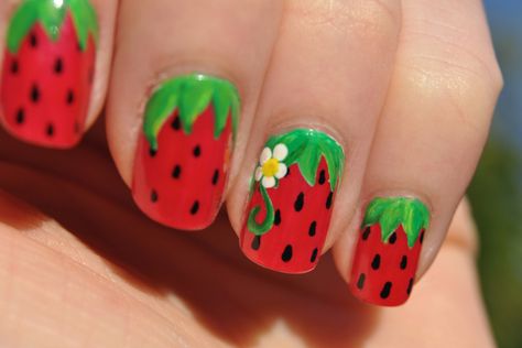 Strawberry Nails - might be cute for toenails @Brandi Diehl Strawberry Nail Art, Strawberry Nails, Fruit Nail Designs, Kids Nail Designs, Food Nails, Nail Art For Kids, Fruit Nail Art, Watermelon Nails, Her Nails