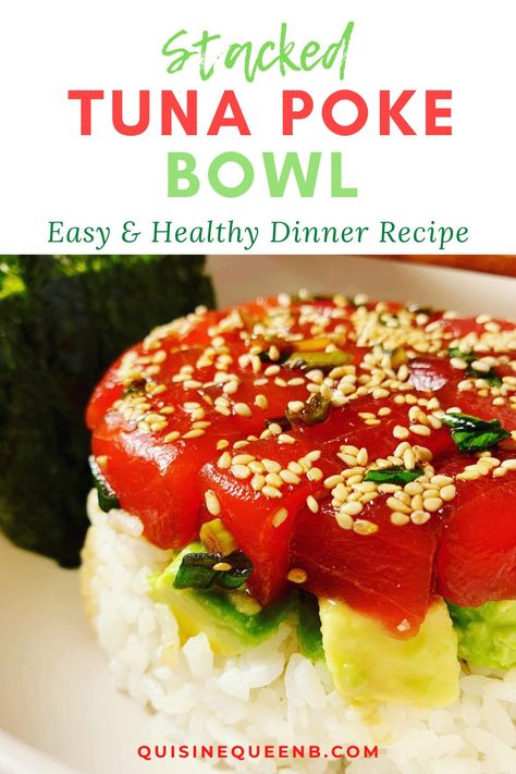 Instead of a sushi roll, try this stacked tuna poke bowl. Delicious layers of sticky rice, creamy avocado, marinated tuna, and toasted sesame seeds. It's quick, easy, and so...UMAMI! #healthydinner #quickdinner #easydinner #tuna #avocado #sushi #pokebowl Quick Easy Healthy Dinner, Marinated Tuna, Avocado Sushi, Raw Sushi, Sushi Grade Tuna, Hot Chili Oil, Tuna Poke Bowl, Tuna Sushi, Tuna Poke