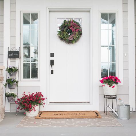 Front Porch Refresh With Theisen’s Front Porch Refresh, Porch Refresh, White Front Door, Mason Jar Planter, Spring Front Porch, Coastal Farmhouse Style, All Ideas, North Carolina Homes, Front Door Colors