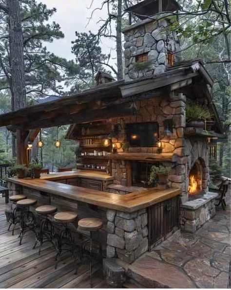 Country Corner | So cool 😎 | Facebook Cabin Bar, Rustic Outdoor Kitchens, Patio Grande, Outdoor Kitchen Plans, Backyard Fireplace, Backyard Pavilion, Backyard Bar, Diy Outdoor Kitchen, Outdoor Decor Backyard