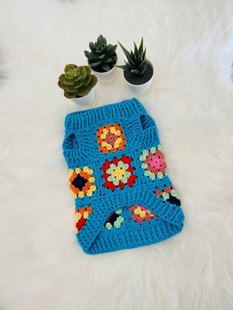 Crochet Chihuahua Hat, Crochet Granny Square Dog Sweater, Granny Square Dog Sweater Pattern, Crochet Dog Accessories, Dog Clothes Crochet, Granny Square Dog Sweater, Crochet For Pets, Crochet Pet Sweater, Crochet Dog Sweater Free Pattern