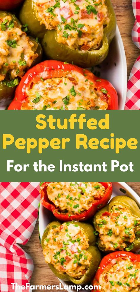 two green and two red stuffed peppers in a white serving dish with red gingham tablecloth beside it with words written that read stuffed pepper recipe for the instant pot the farmers lamp dot com Stuffed Bell Peppers Instant Pot, Recipes Stuffed Peppers, Stuffed Pepper Recipes, Dinner Date Recipes, Easy Stuffed Pepper Recipe, Easy Stuffed Peppers, Mexican Quinoa, Pepper Recipes, Pot Recipes Healthy