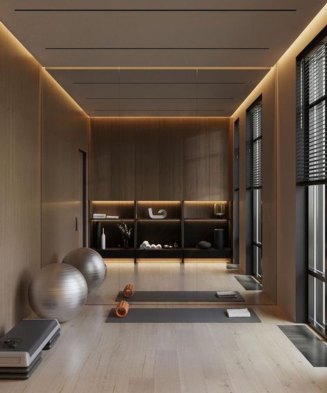 Gym Room Lighting, Home Recovery Room, Gym Recovery Room, Gym Lighting Design, Yoga Room In House, Gym With Windows, Yoga Room Design At Home, Gym Ceiling Design, Modern Yoga Room