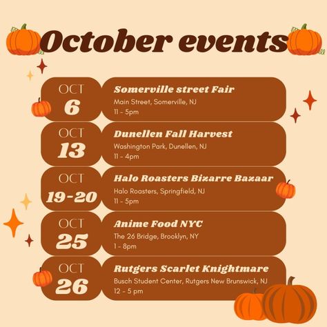 October events! 🎃 it’s a jam packed month for me, pls send me your prayers and hope I make it through all this 😂🙈 maybe I’ll catch you at one of these events?! . . . #artist #artmarket #artistalley #vendor #vendorevent #vendors #market #vendormarket #njartist #njfair #njmarket #fallmarket #fallfestival November Events For Residents, Events For Residents, November Events, October Events, Street Fair, Artist Alley, Vendor Events, Nyc Food, Fall Festival