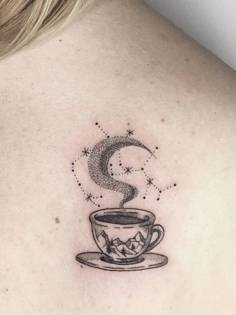 Witchy Teacup Tattoo, Spooky Tea Cup Tattoo, Coffee Tattoos Ideas, Cup Of Stars Tattoo, Tea Tattoos, Cup Of Tea Tattoo, Tea Cup Tattoo, Coffee Cup Tattoo, Witchy Tattoos